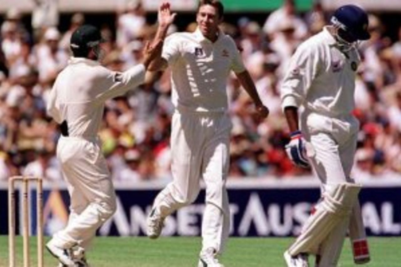3 Jan 2000: Glenn McGrath of Australia celebrates the wicket of Javagal Srinath of India caught by Ricky Ponting for three during his best first innings bowling analysis against India of five wickets for 48 runs during the second days play of the Third Test Match between Australia and India at the Sydney Cricket Ground, Sydney, Australia.