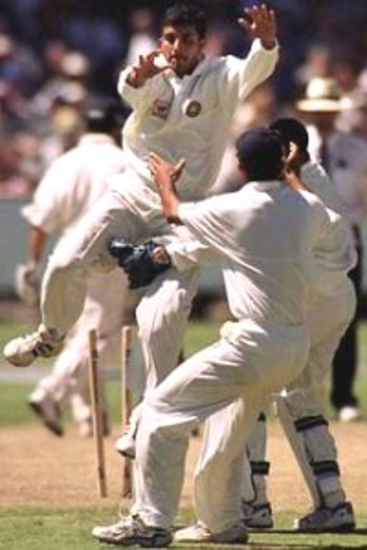 3 Jan 2000: Saurav Ganguly of India celebrates bowling Mark Waugh of Australia for 32 during the second days play of the Third Test Match between Australia and India at the Sydney Cricket Ground, Sydney, Australia.