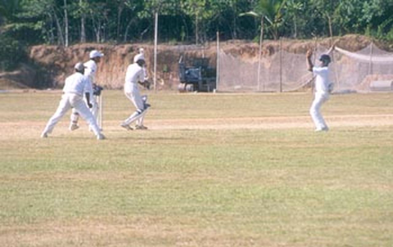Batsman Hemal Shah looks on as Bhuvnesh Sharma appeals for a catch, Vijay Merchant Trophy 1999/2000, 2nd Pre Quarter Final, Baroda Under-16s v Haryana Under-16s atLakshmibai National College of Physical Education Ground, Thiruvananthapuram, 01-03 Jan 2000