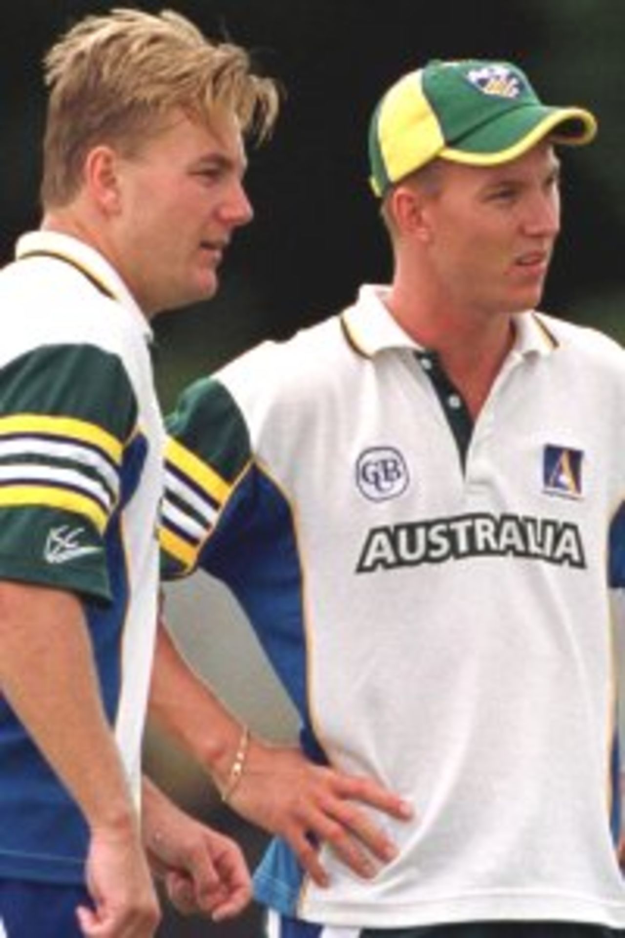 08 Jan 2000: Brothers Shane (left) and Brett Lee of Australia prepare for bowling practice, during training at the Allan Border Field, Brisbane, Australia.