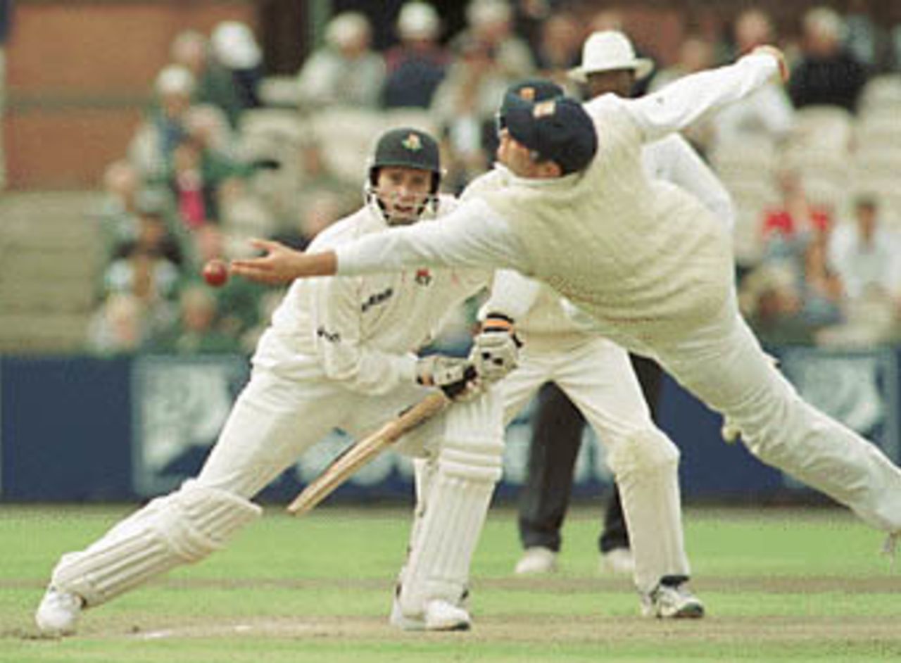 John Crawley hits one just past Tim Walton, County Championship, Lancashire v Essex, 29 June-2 July 1999