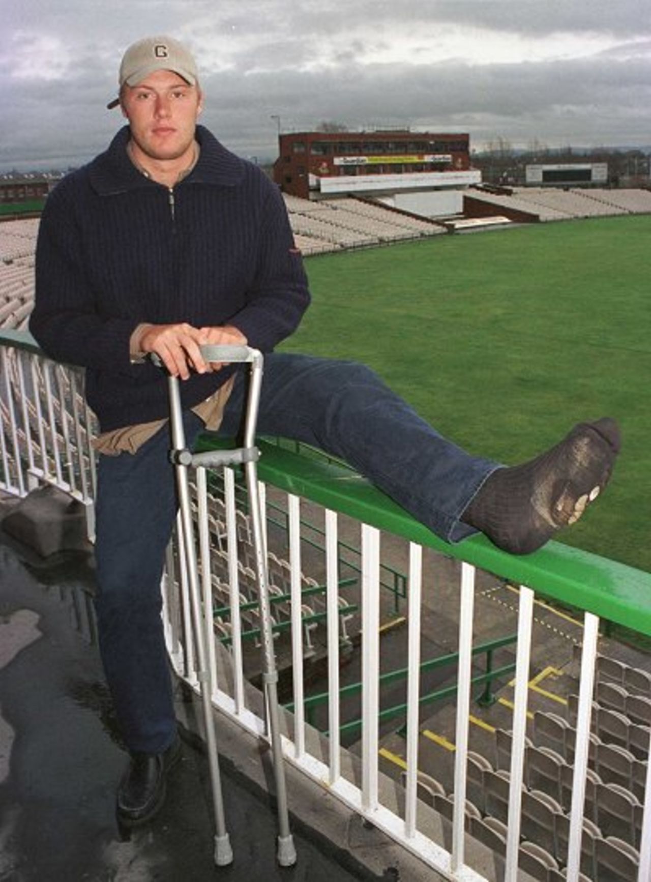 Andrew Flintoff back at Old Trafford after being forced to fly home early from the England tour due to injury.