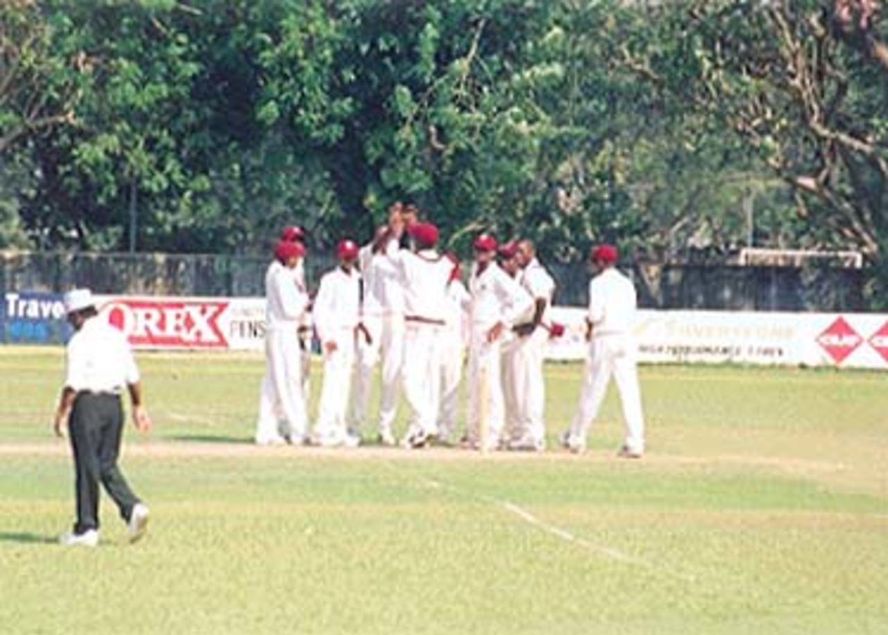 West Indians celebrate the fall of a Kiwi wicket, Under-19s World Cup, 1999/00, Super League Group 1,New Zealand Under-19s v West Indies Under-19s, Nondescripts Cricket Club Ground, Colombo, 20 January 2000
