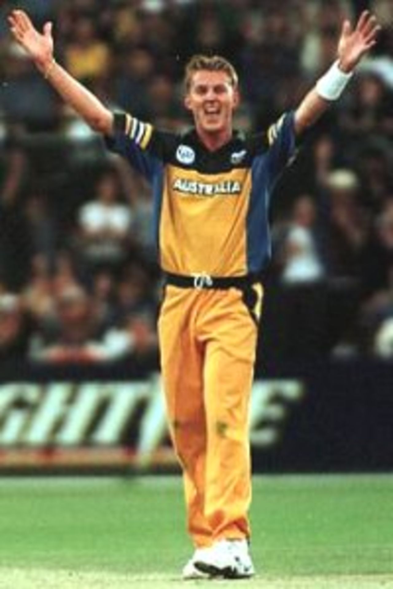 26 Jan 2000: Brett Lee of Australia celebrates trapping Kanitkar of India LBW first ball for nought during the Carlton and United Breweries one day international between Australia and India at the Adelaide Oval, Adelaide, Australia.