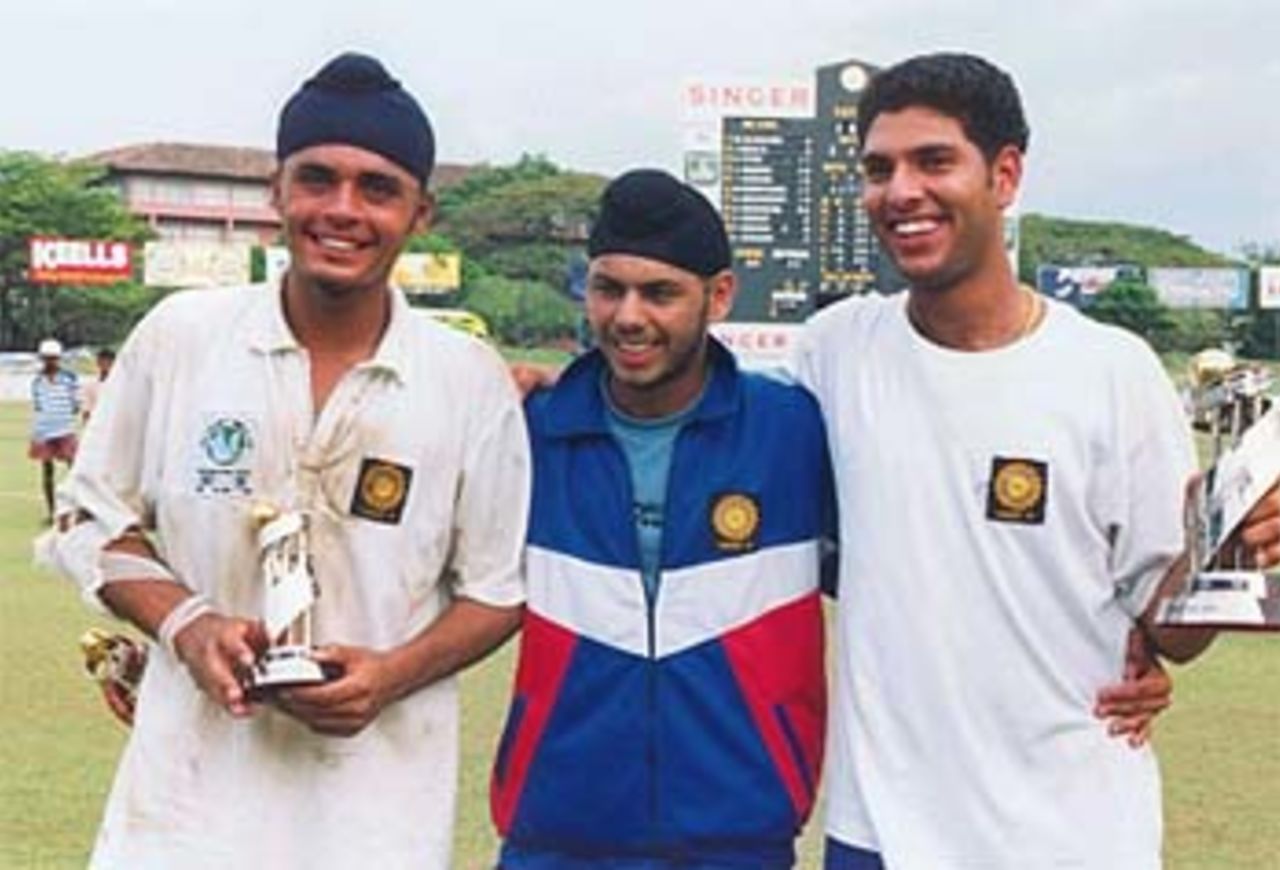 The stars of the victorious Indian U19 team- RS Sodhi , Ravneet Ricky and Yuvraj Singh, Under-19s World Cup, 1999/00, Final, Sri Lanka Under-19s v India Under-19s, Sinhalese Sports Club Ground, Colombo, 28 January 2000