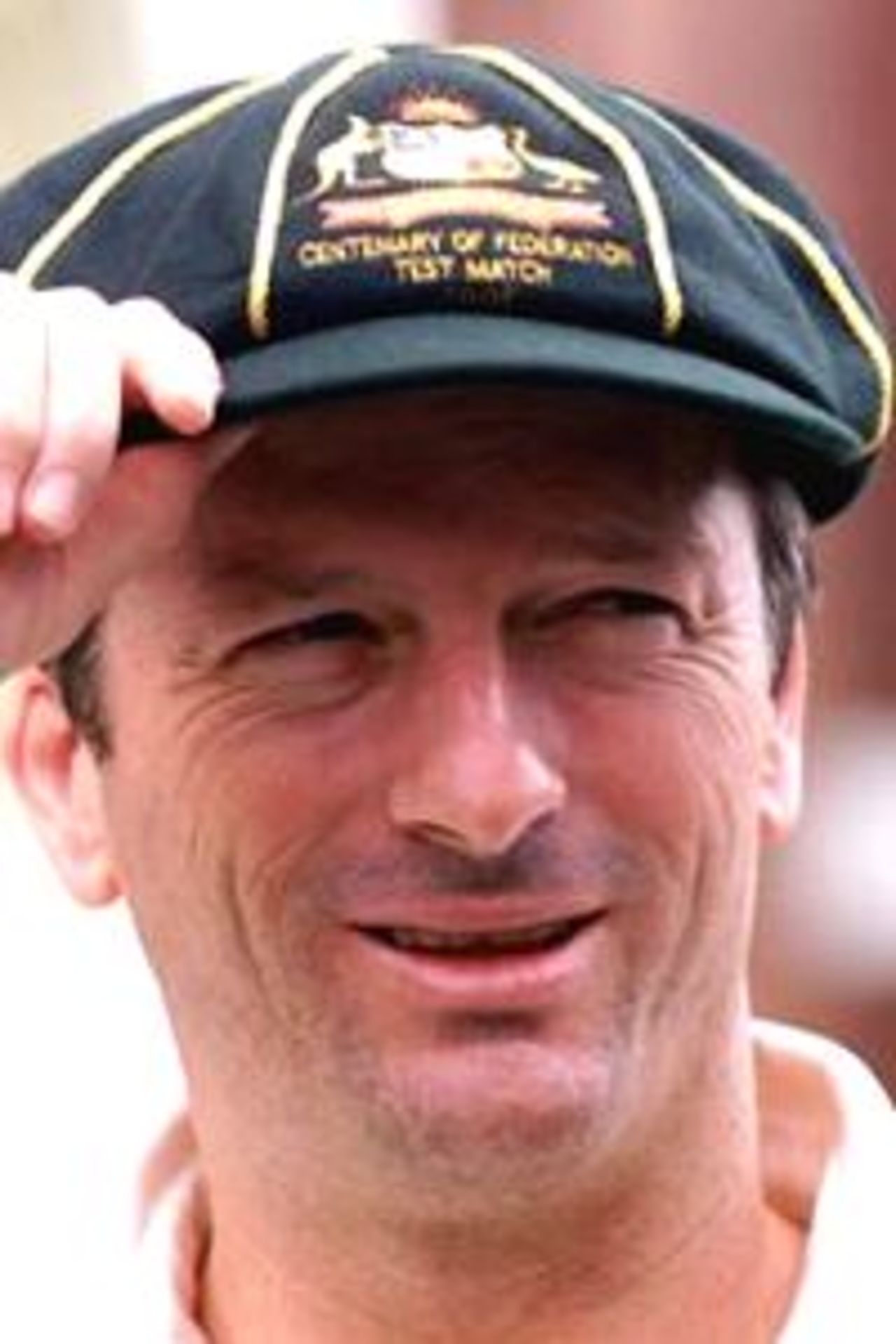 Steve Waugh Australian Cricket Captain, tries on a specially produced playing cap to mark the Centenary of Federation, during the Test Match between Australia and the West Indies at the Sydney Cricket Ground, Australia.