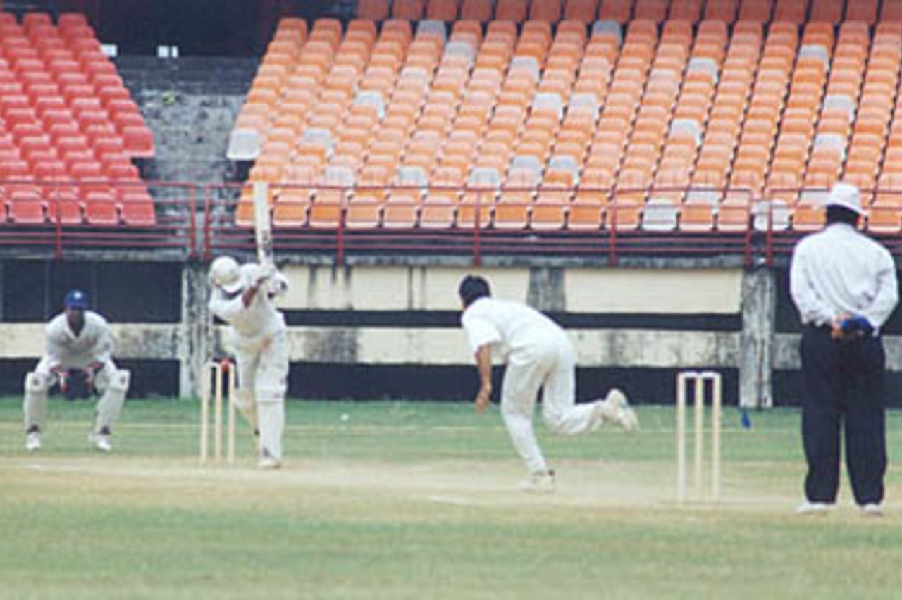 Prashanth Menon being hit on his thighs by R Bhatia. Ranji Trophy South Zone League, 2000/01, Kerala v Tamil Nadu, Nehru Stadium, Kochi, 29Nov-02Dec 2000.
