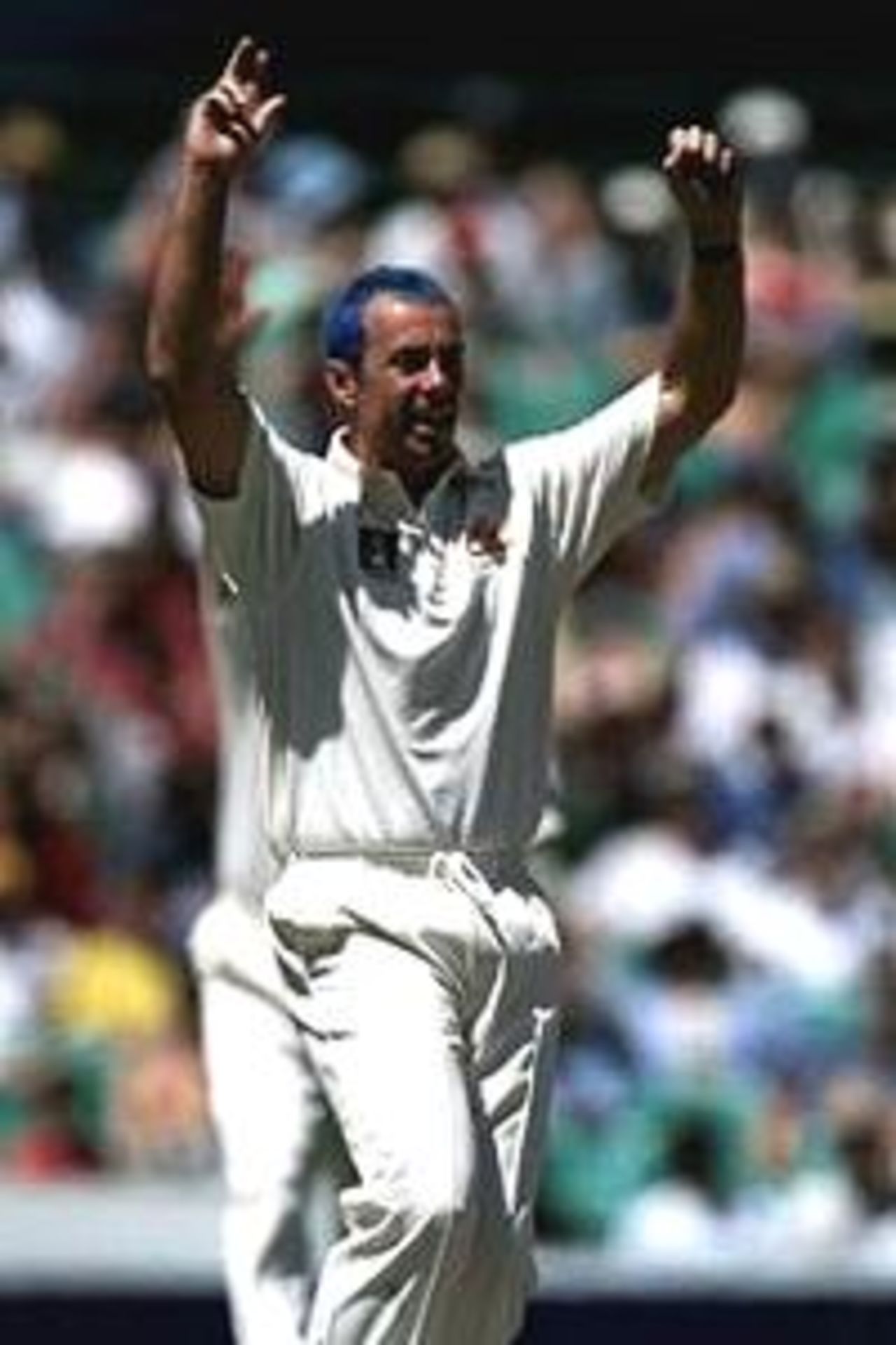 Colin Miller of Australia with his new blue haircut celebrates the wicket of Courtney Walsh of West Indies caught by Matthew Hayden for four during the second days play of the Fifth Test Match between Australia and West Indies at the Sydney Cricket Ground, Sydney, Australia.