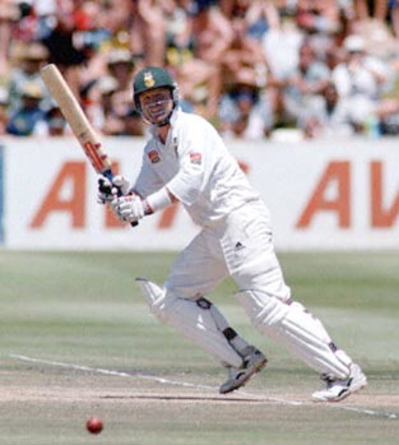 South African batsman Darryl Cullinan defends the wicket 03 January 2001 on the second day of the five-day cricket test between South Africa and Sri Lanka played at Newlands cricket grounds in Cape Town.