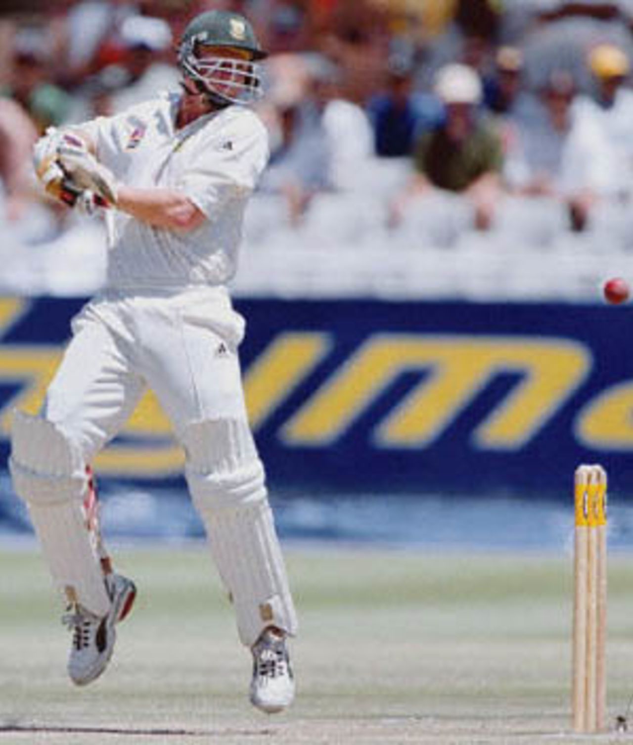 South African batsman Lance Klunser guards the wicket 04 January 2001 during the third day of the second test between South Africa and Sri Lanka played at the Newlands cricket ground in Cape Town.