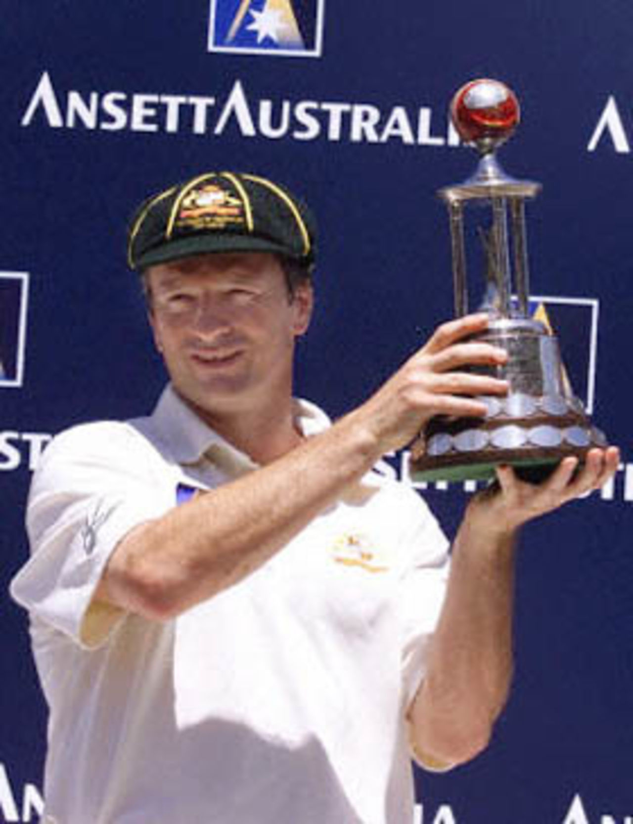Australian captain Steve Waugh holds the Sir Frank Worrell cup after Australia won the Federation test at the Sydney Cricket ground 06 January 2001. Australia won the five day test against the West Indies with 7 wickets in hand.