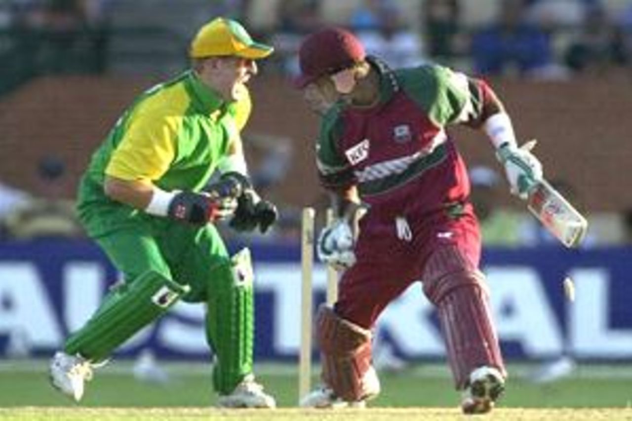 Marlon Samuels of West Indies is dismissed stumped by Wade Seccombe off the bowling of Stuart MacGill of Australia A during the limited over tour match Australia A versus the West Indies at The Adelaide Oval, Adelaide, Australia.