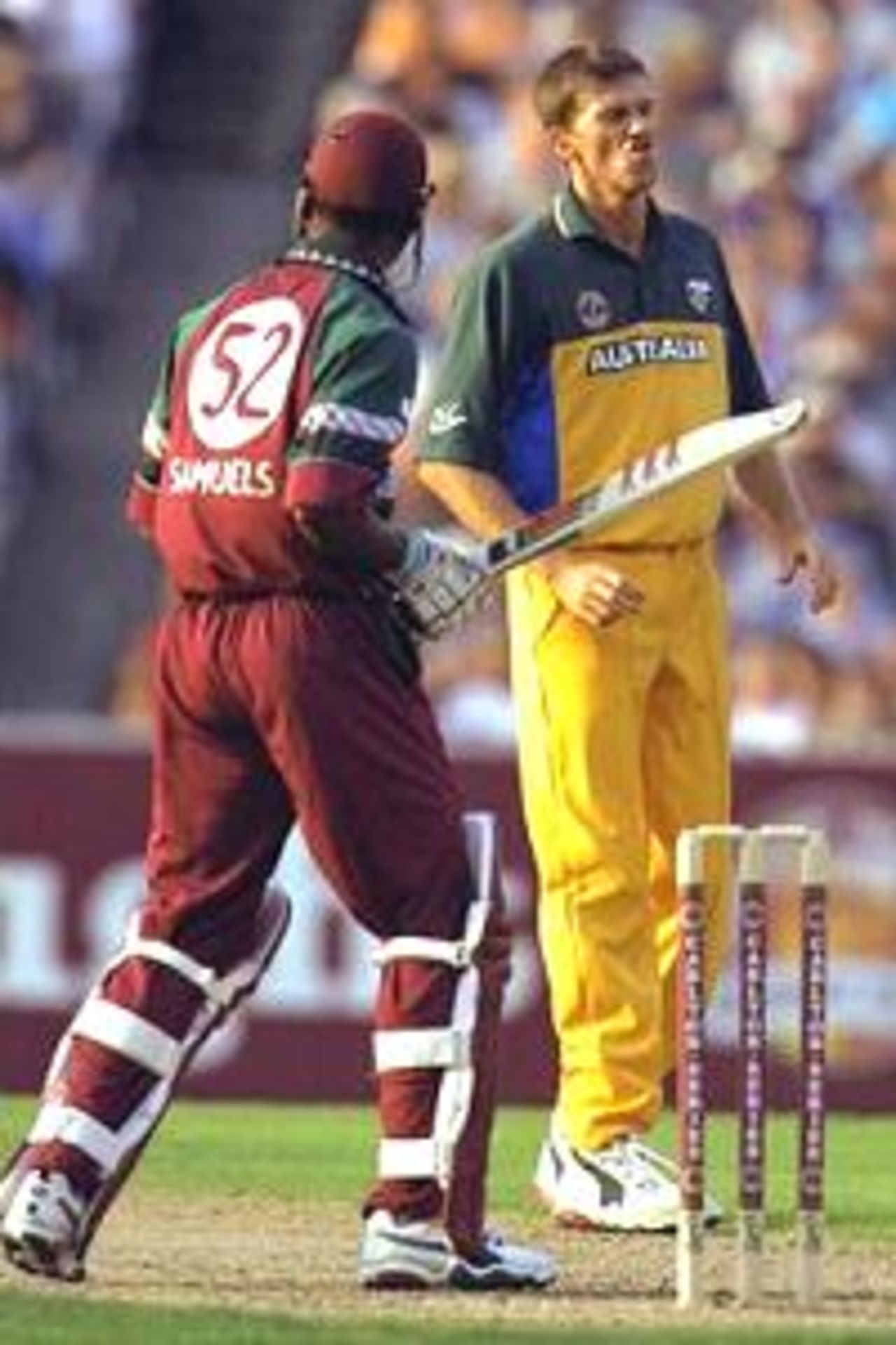 11 Jan 2001: Glenn McGrath of Australia comes close to dismissing Marlon Samuels of the West Indies, in the Carlton One Day International Series match between Australia and the West Indies, played at the Melbourne Cricket Ground in Melbourne, Australia. Australia defeated the West Indies by 74 runs.