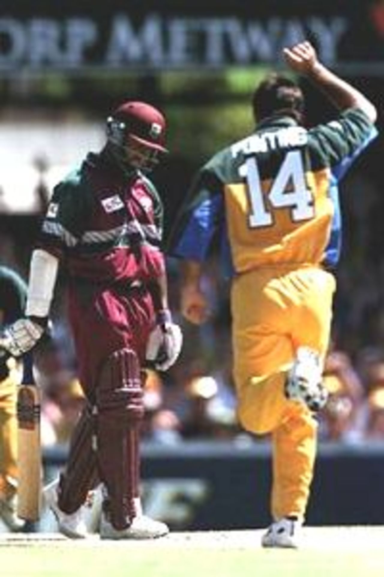 Brian Lara of the West Indies is out caught by Adam Gilchrist off the bowling of Ricky Ponting of Australia for 19 during the Carlton