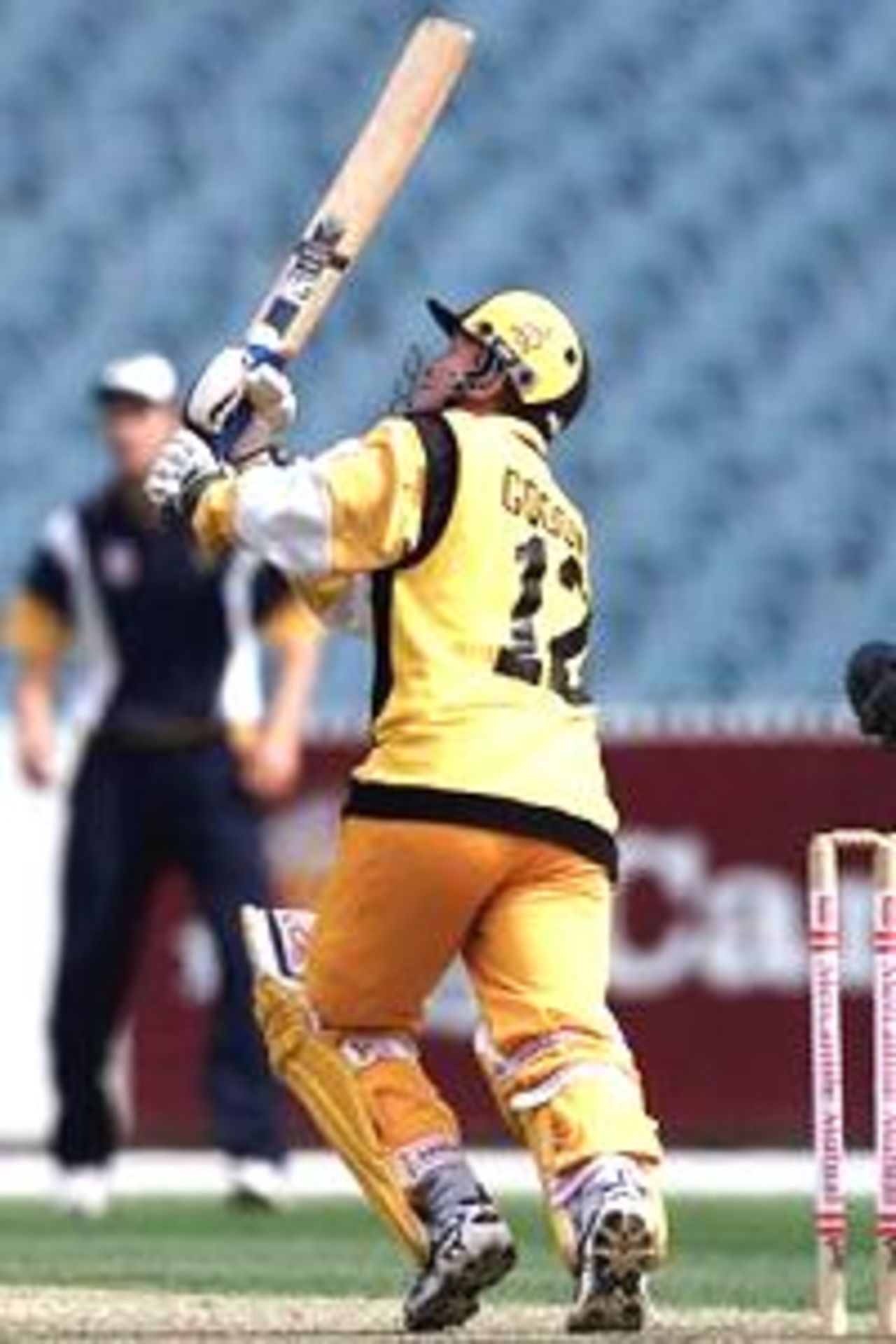 Murray Goodwin of Western Australia, who recently played international cricket for Zimbabwe, hits the winning runs, a shot which narrowly missed a target on the boundary and a prize of $170,000, during the Mercantile Mutual Cup match between Victoria and Western Australia, at the Melbourne Cricket Ground, Melbourne, Australia. Western Australia won by seven wickets.