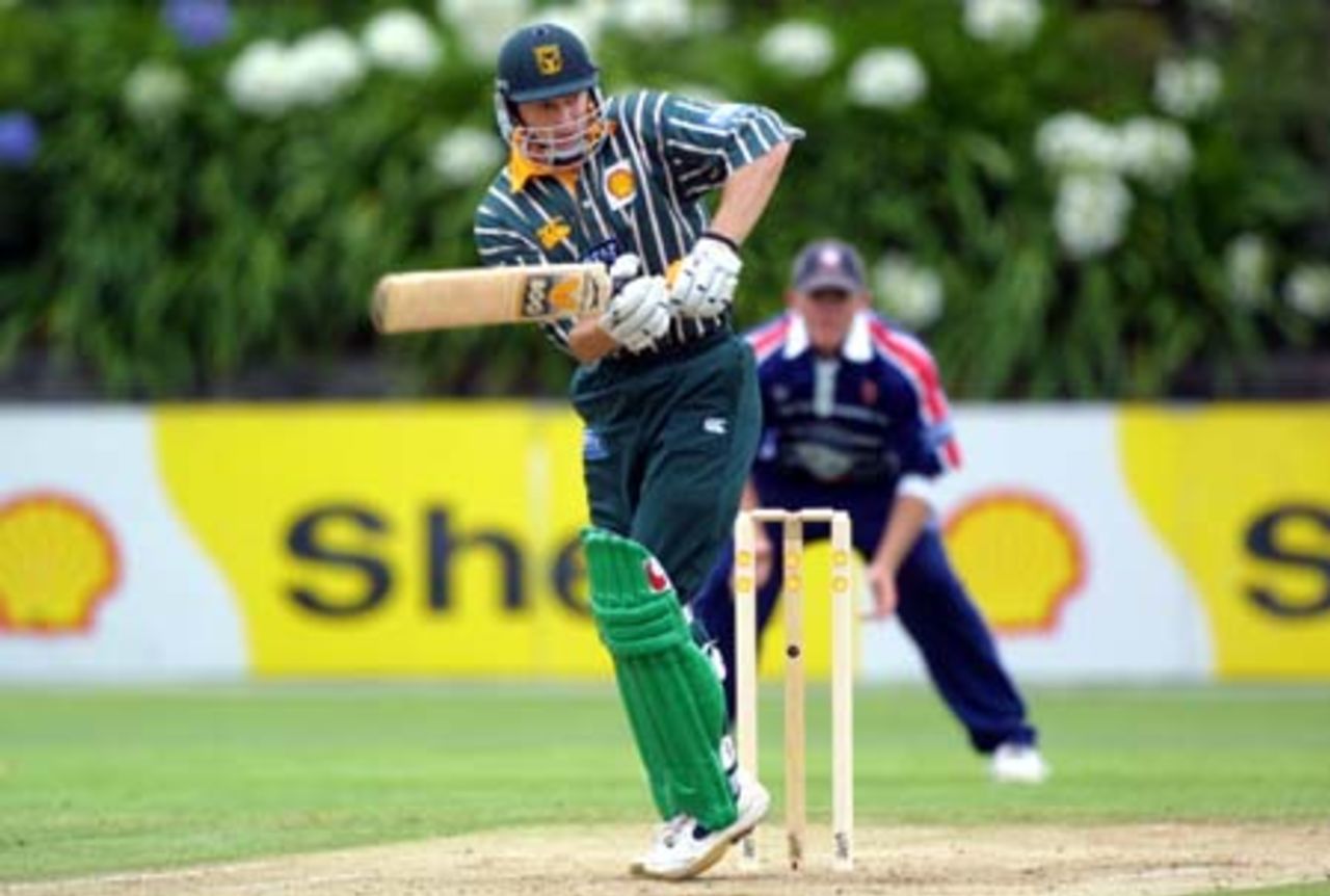 Central Districts batsman Ben Smith tucks one off his hip towards square leg while Auckland fielder Lou Vincent watches, Shell Cup: Auckland v Central Districts at Eden Park Outer Oval, Auckland, 16 January 2001