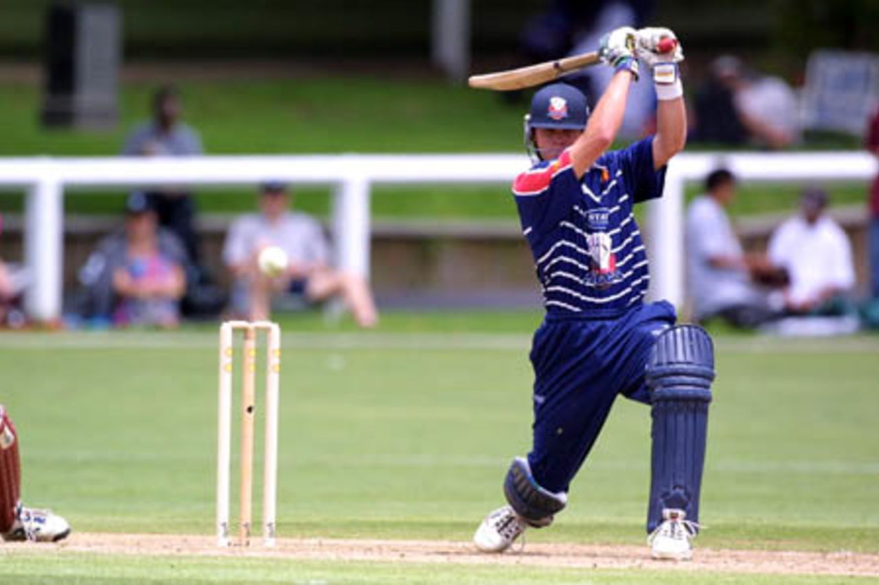 Auckland batsman Lou Vincent slams a ball in the air through the covers during his innings of 133 not out, Shell Cup: Auckland v Northern Districts at Eden Park Outer Oval, Auckland, 18 January 2001