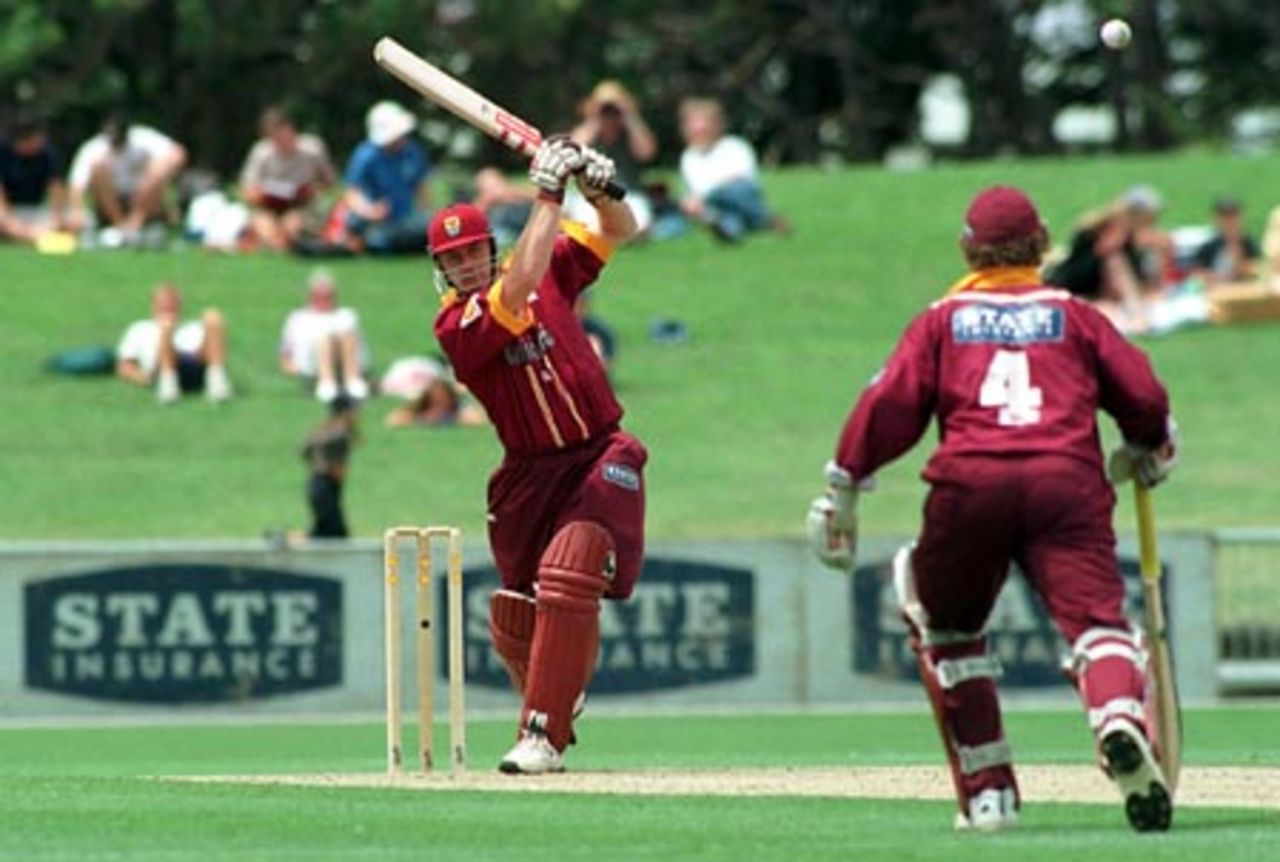 Northern Districts batsman Scott Styris plays a lofted drive down the ground, over batting partner Hamish Marshall's head. Shell Cup Semi Final: Central Districts v Northern Districts at McLean Park, Napier, 21 January 2001.