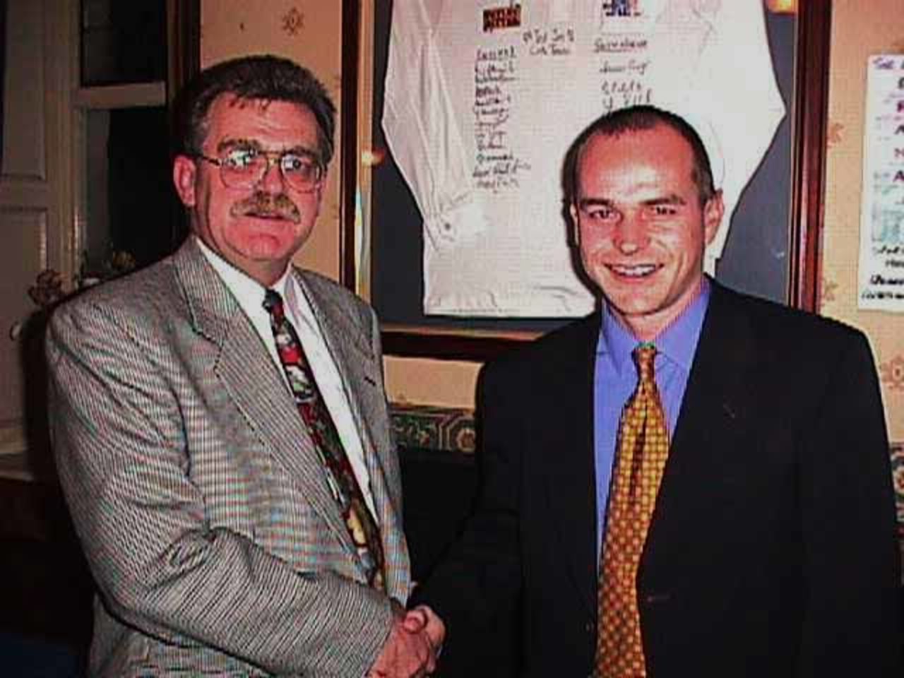 Robin Foster (left) and Graham Lloyd at Sportsmans Dinner for Graham Lloyd's Benefit at the Griffin's Head in Huncoat