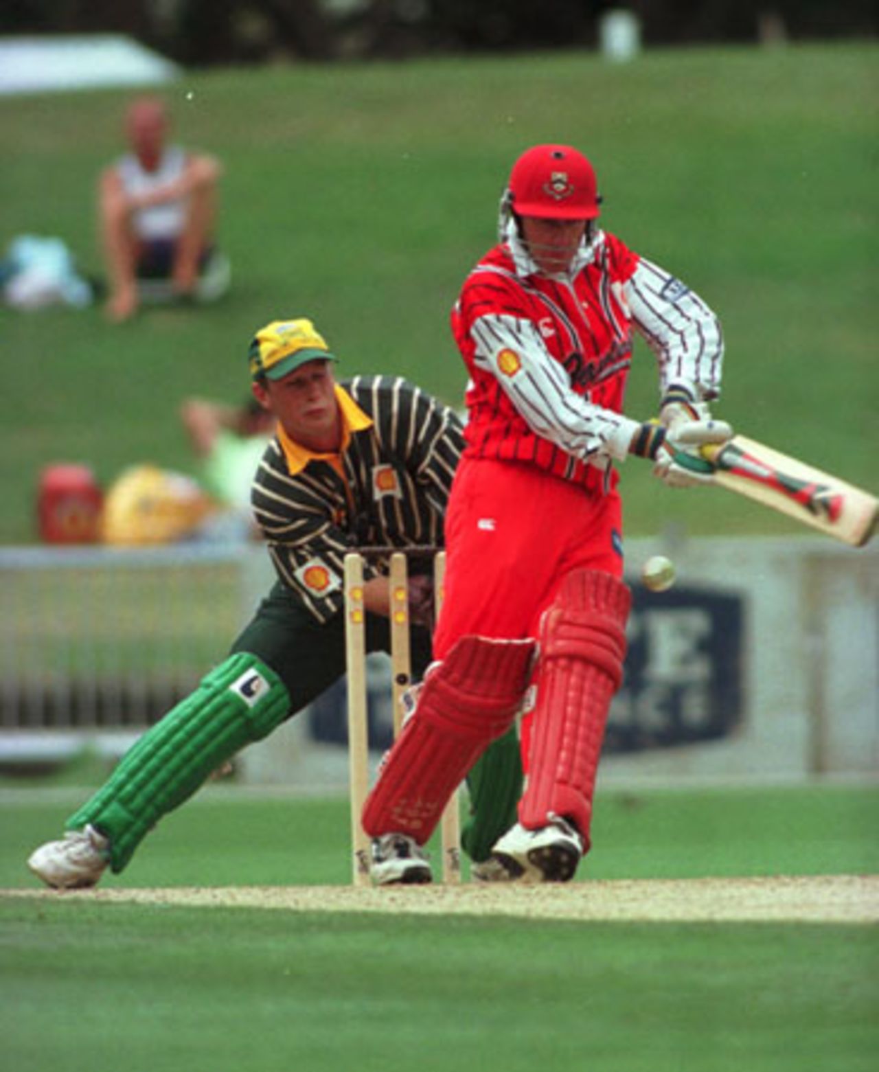 Canterbury batsman Gary Stead attempts to work a ball off his legs during his innings of 12 while Central Districts wicket-keeper Bevan Griggs looks on. 1st Shell Cup Final: Central Districts v Canterbury at McLean Park, Napier, 24 January 2001.