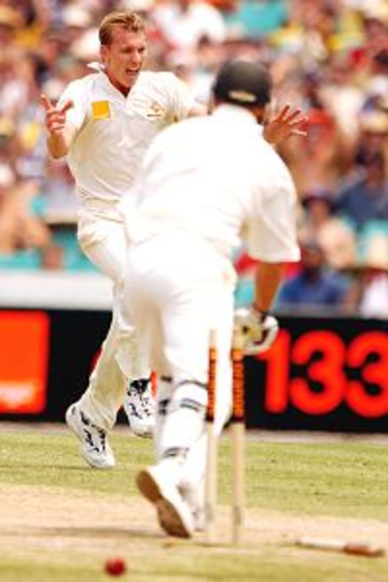 04 Jan 2002: Brett Lee of Australia celebrates after clean bowling Hershelle Gibbs of South Africa during the third day's play in the third test match between Australia and South Africa held at the Sydney Cricket Ground, Sydney, Australia.