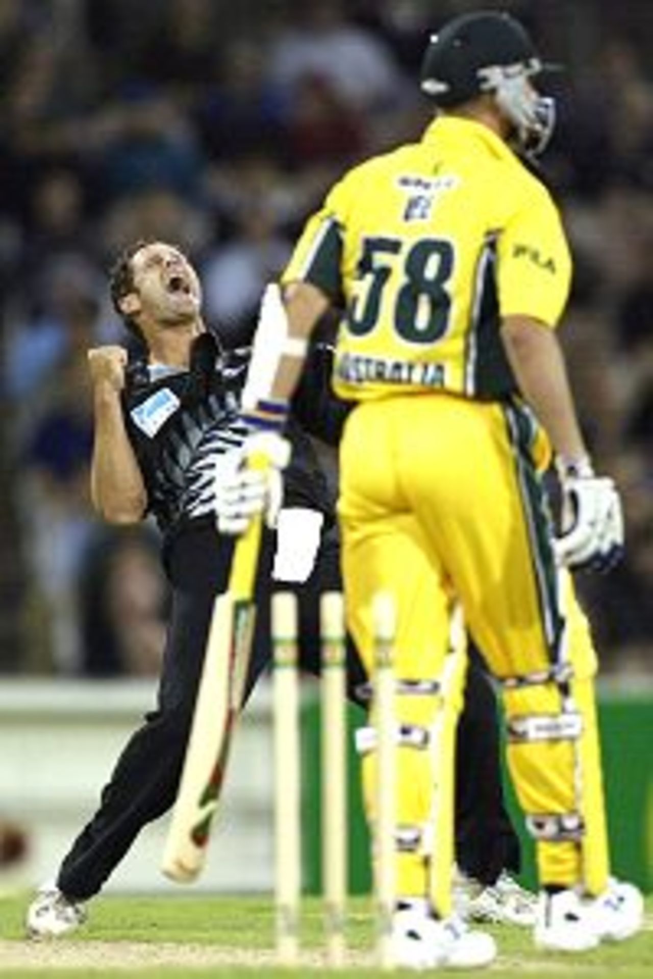 11 Jan 2002: Chris Cairns of New Zealand celebrates after bowling Brett Lee of Australia, during the VB Series One Day International between Australia and New Zealand, played at the Melbourne Cricket Ground, Melbourne, Australia.