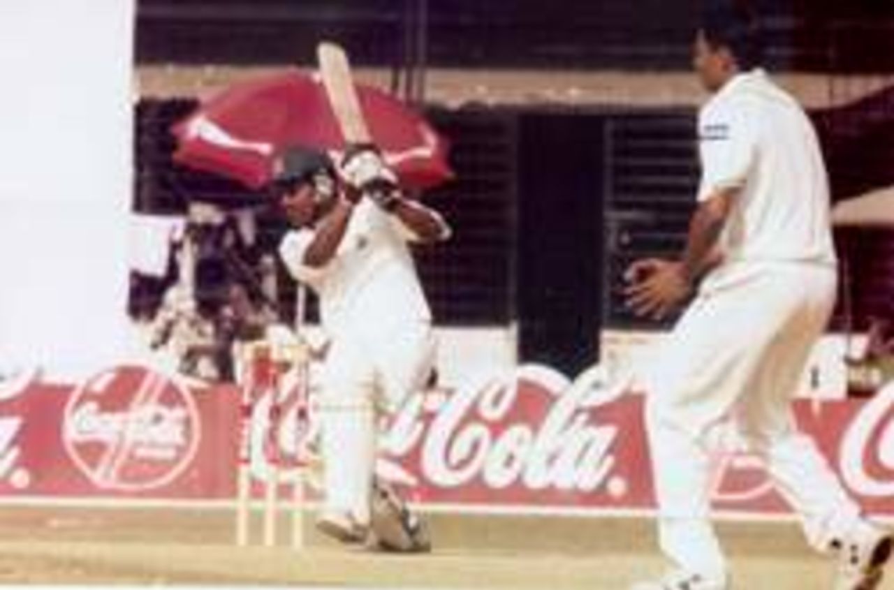 Fahim, 2nd innings top scorer of Bangladesh, playing a drive to Kaneria's ball