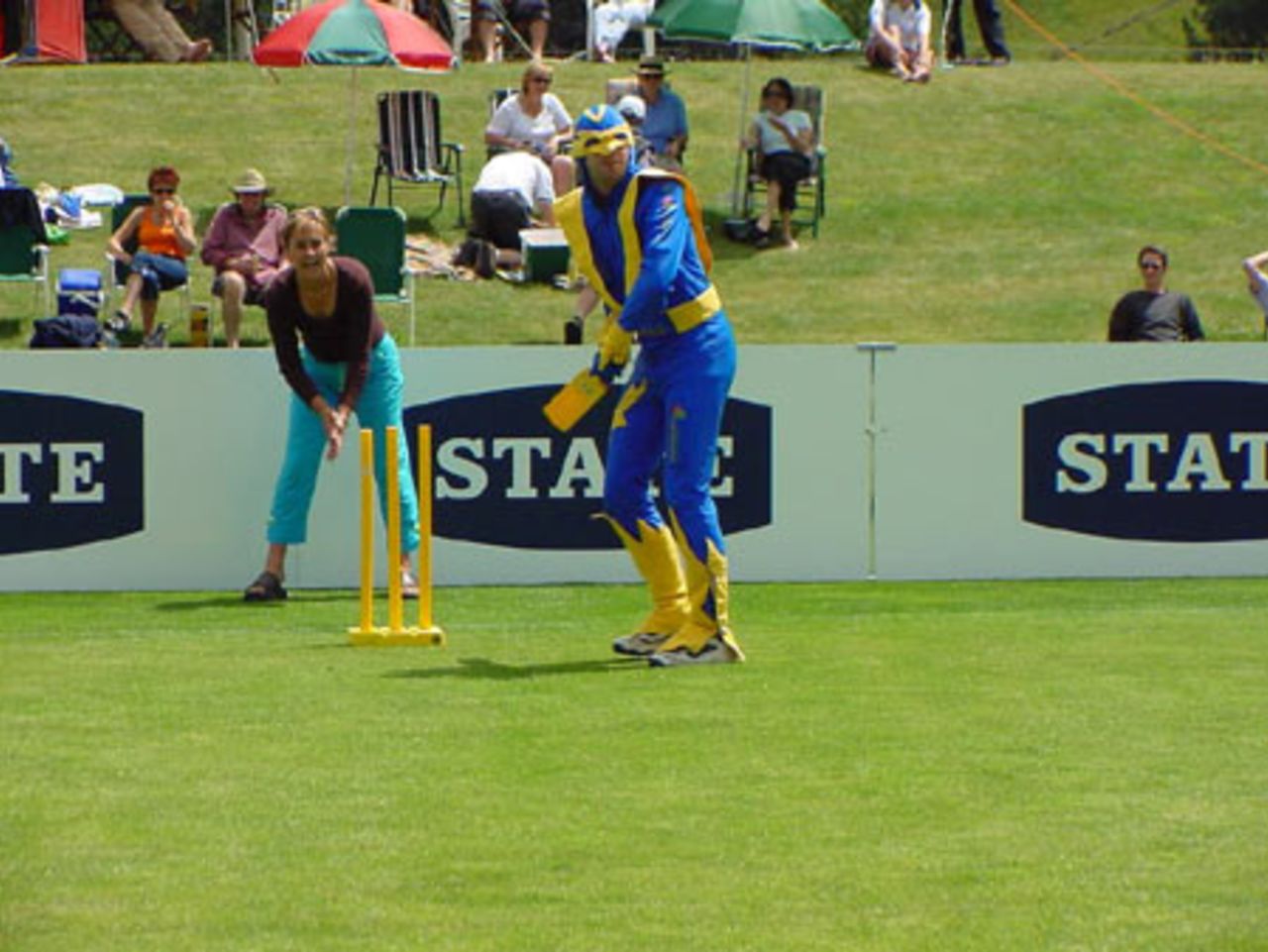 Voltman, Otago Cricket's live mascot, about to play a shot during a lunchtime promotion at the first match to be played at the new ground. State Shield: Otago v Wellington at John Davies Oval, Queenstown, 2 January 2002.