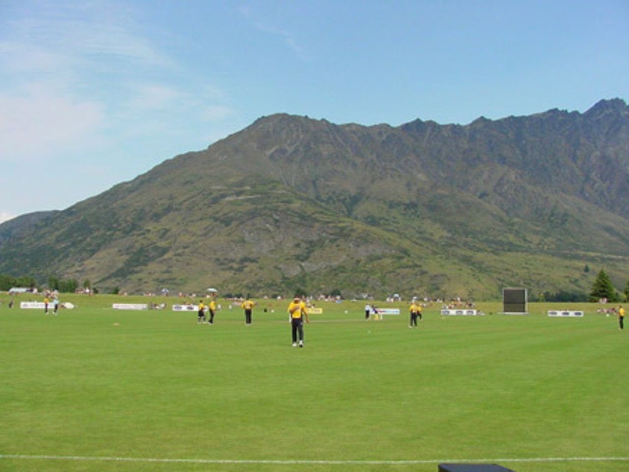 Wellington in the field with the Remarkables mountain range in the background. State Shield: Otago v Wellington at John Davies Oval, Queenstown, 2 January 2002.