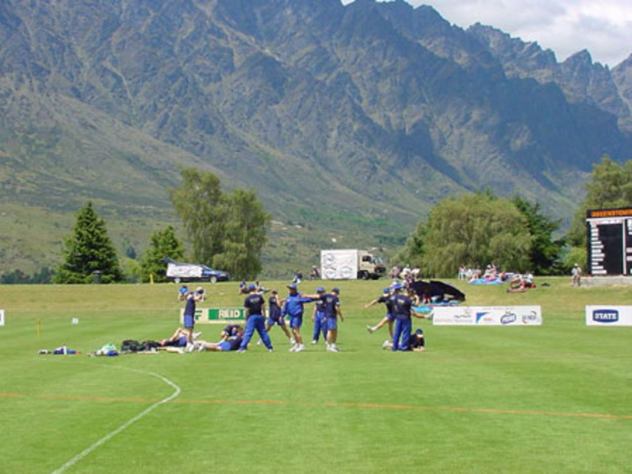 Otago warm up before the start of the first match at the new ground. State Shield: Otago v Wellington at John Davies Oval, Queenstown, 2 January 2002.