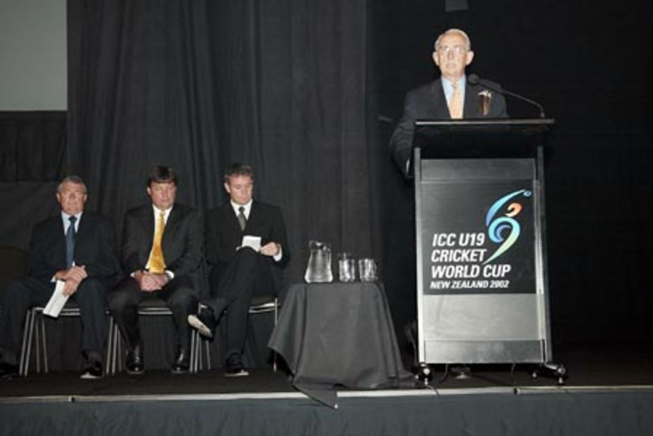 ICC president Malcolm Gray delivers a speech at the ICC Under-19 World Cup opening ceremony at the Christchurch Convention Centre. New Zealand deputy prime minister Jim Anderton (left), New Zealand Cricket chief executive Martin Snedden and emcee Eric Young look on. 14 January 2002.