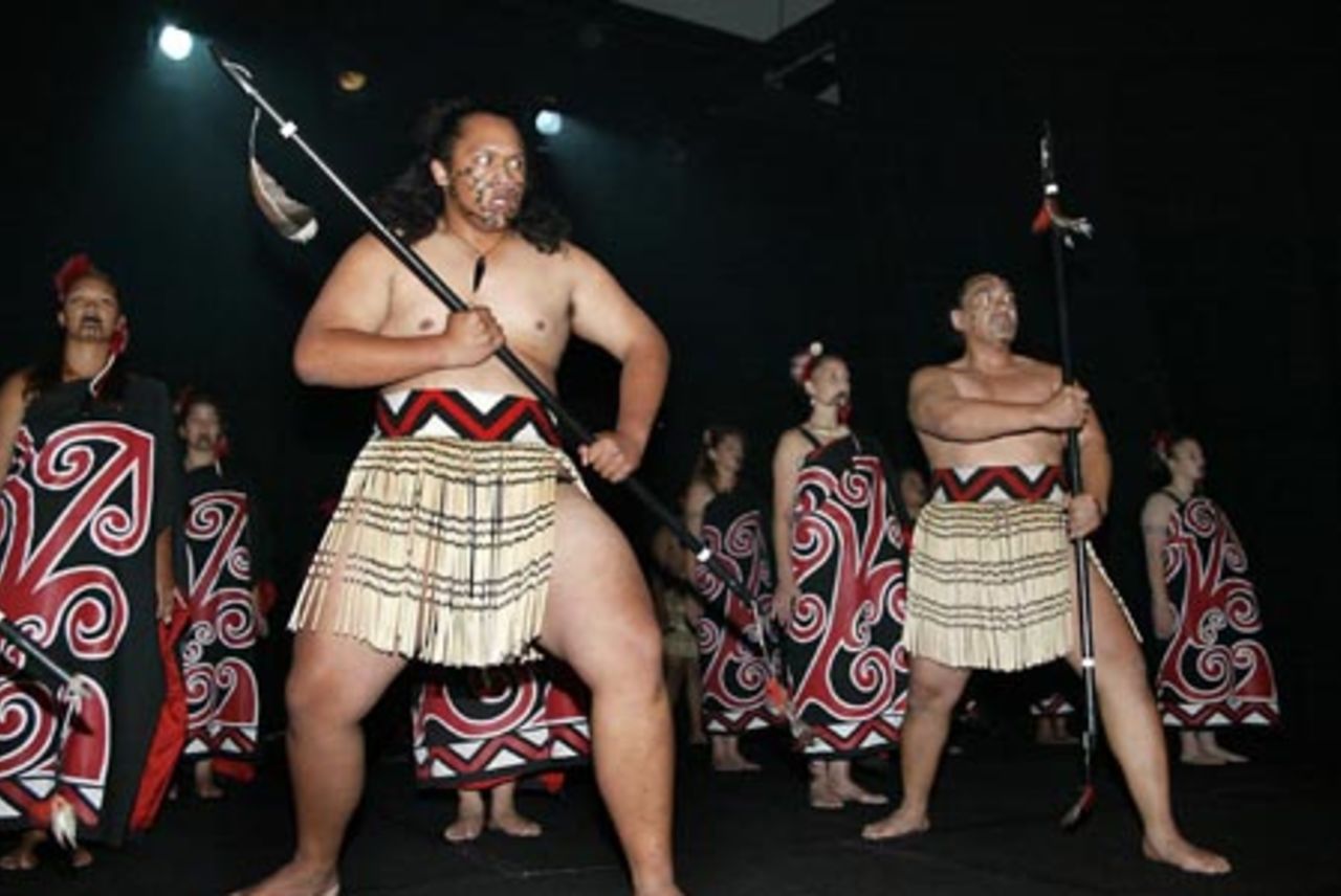 A Maori cultural group performs with taiaha (spears) to welcome all the competing international teams at the ICC Under-19 World Cup opening ceremony at the Christchurch Convention Centre. 14 January 2002.