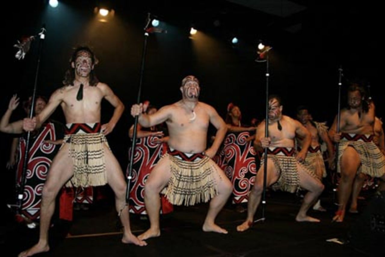 A Maori cultural group perform the Haka Powhiri to welcome all the competing international teams at the ICC Under-19 World Cup opening ceremony at the Christchurch Convention Centre. 14 January 2002.