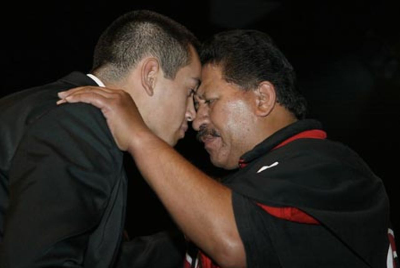 New Zealand Under-19 captain Ross Taylor (left) participates in a hongi with a member of a Maori cultural group at the ICC Under-19 World Cup opening ceremony at the Christchurch Convention Centre. 14 January 2002.