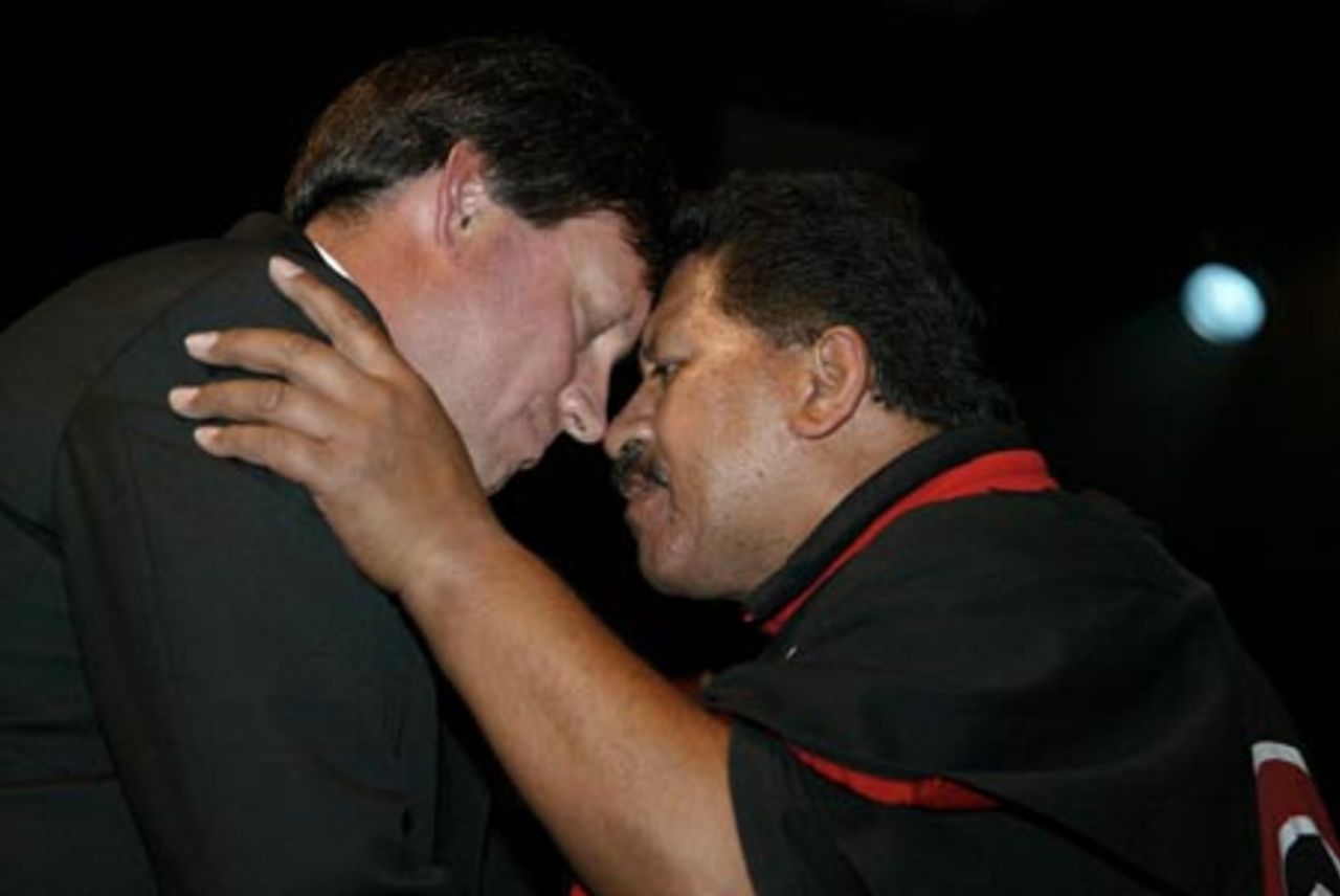 New Zealand Cricket chief executive Martin Snedden participates in a hongi with a member of a Maori cultural group at the ICC Under-19 World Cup opening ceremony at the Christchurch Convention Centre. 14 January 2002.