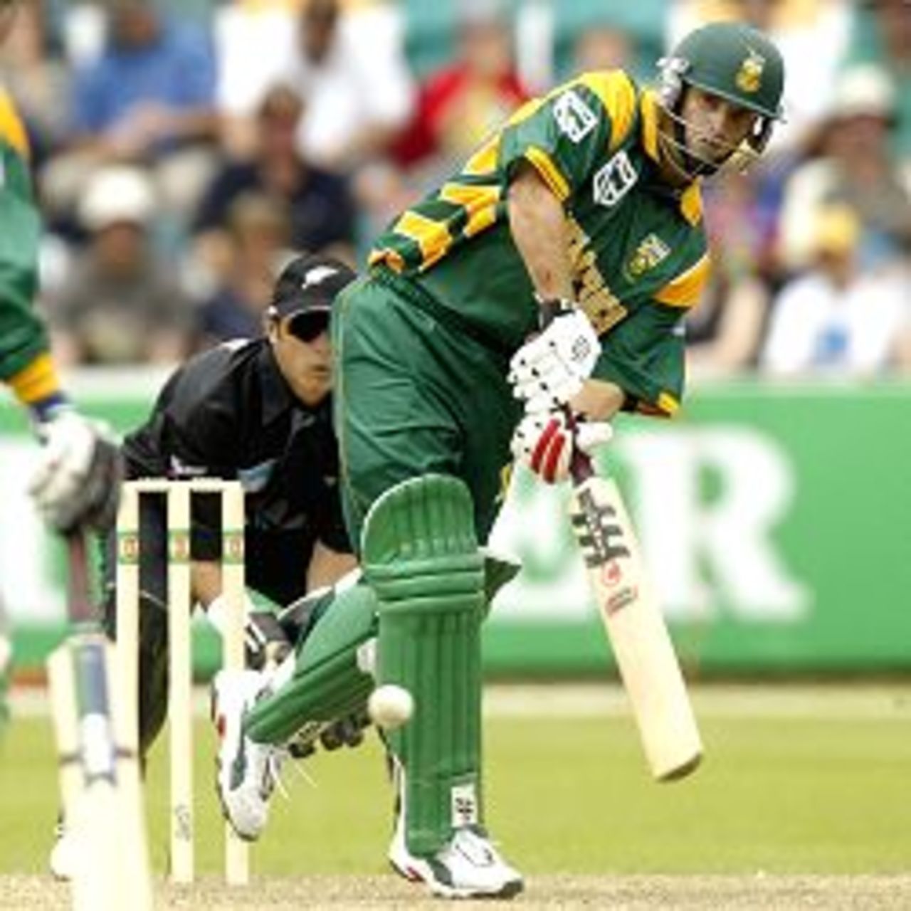 15 Jan 2002: Gary Kirsten of South Africa hits out, during the VB Series One Day International between South Africa and New Zealand played at Bellerive Oval, Hobart, Australia.