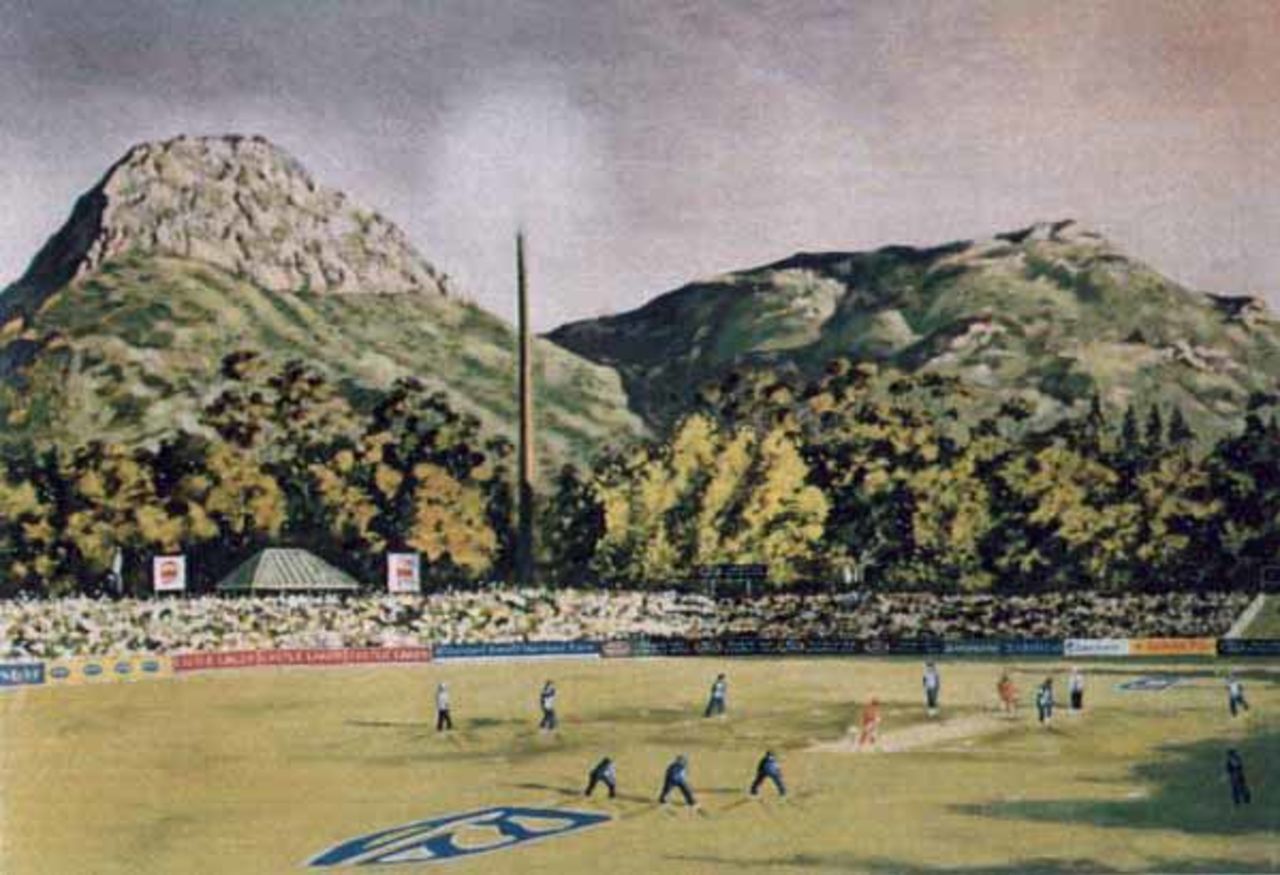 Boland Bank Park in Paarl as portrayed by artist and ex Western Province wicket-keeper Richie Ryall.