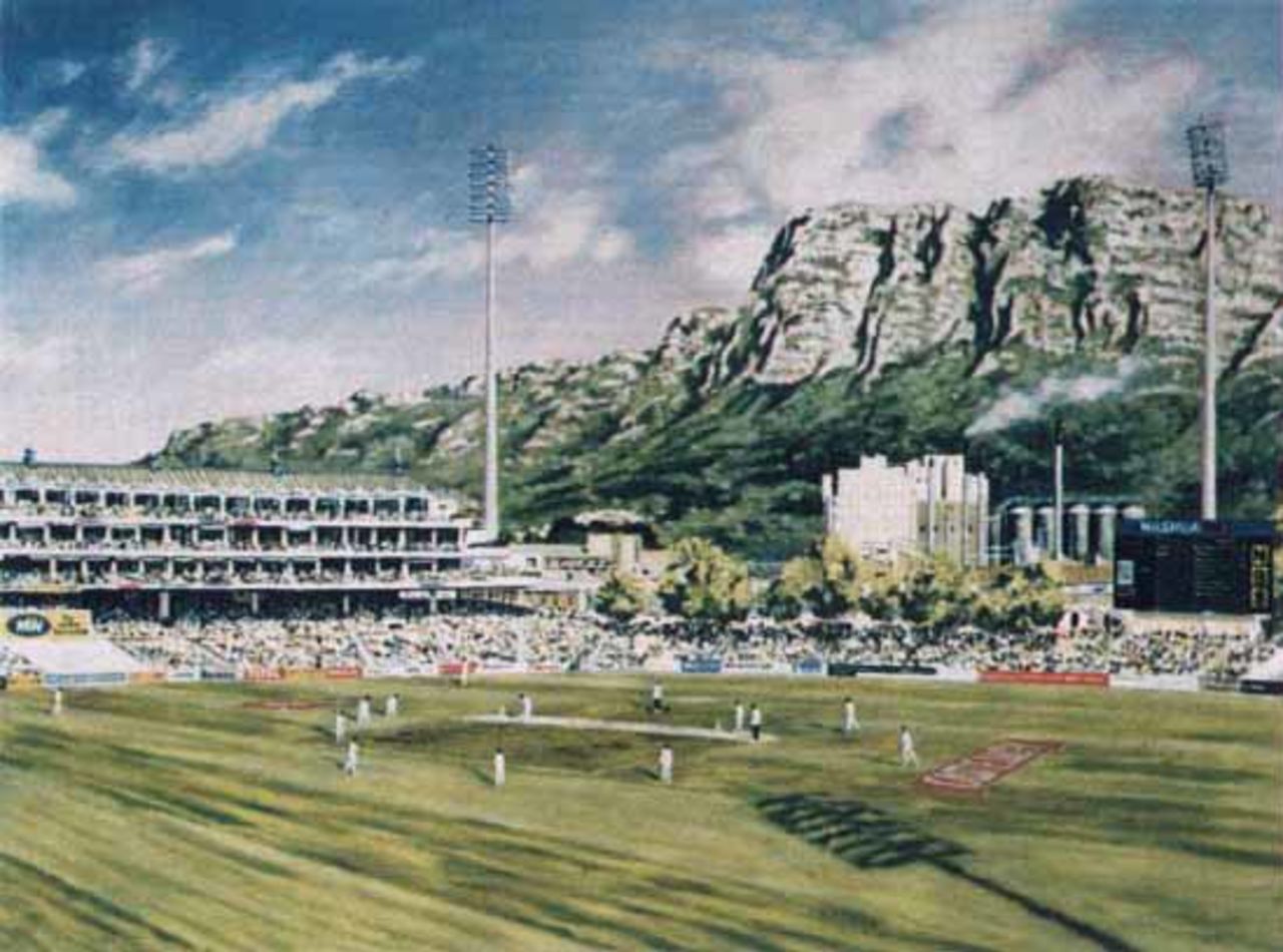 Newlands Cricket Ground in Cape Town as portrayed by artist and ex Western Province wicket-keeper Richie Ryall.