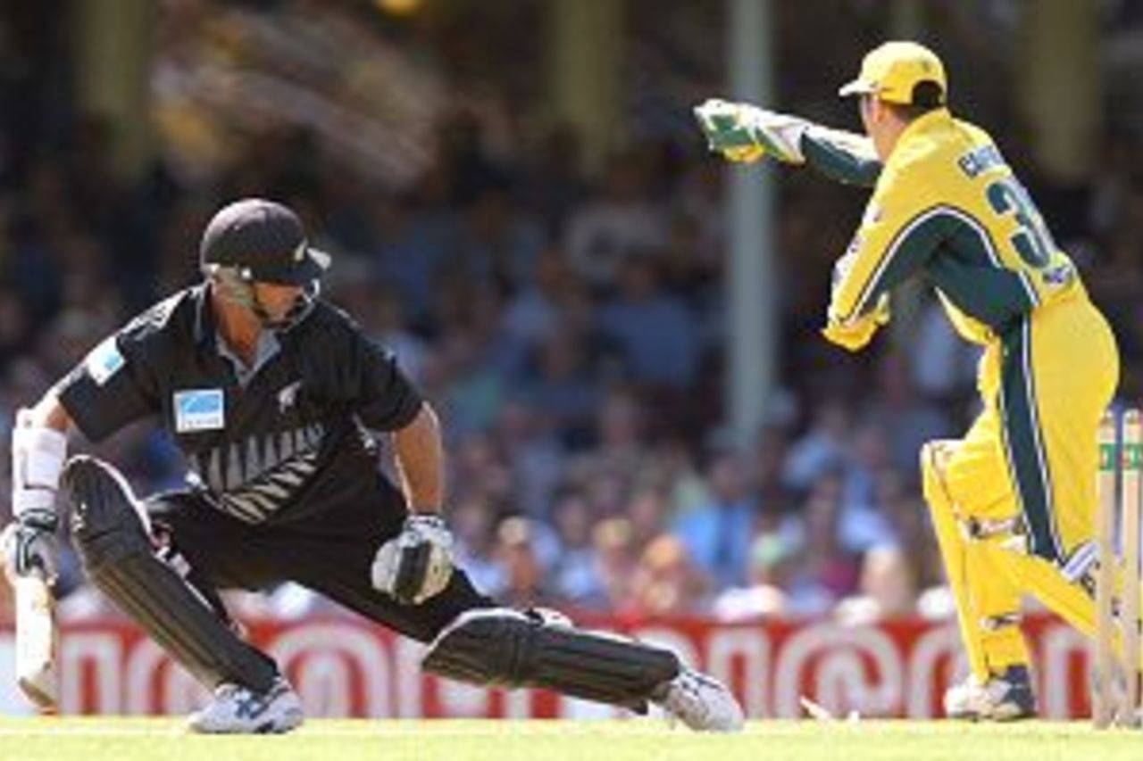 17 Jan 2002: Wicketkeeper Ryan Campbell of Australia appeals sucessfully for the stumping of Mark Richardson of New Zealand during the VB Series match between Australia and New Zealand played at the Sydney Cricket Ground in Sydney, Australia.