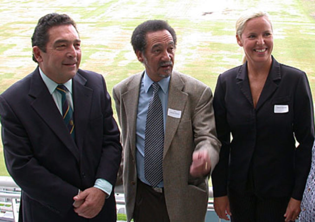 Pictured at the media launch of the WC 2003 opening ceremony Dr Ali Bacher, Prof Jakes Gerwel and Penny Jones