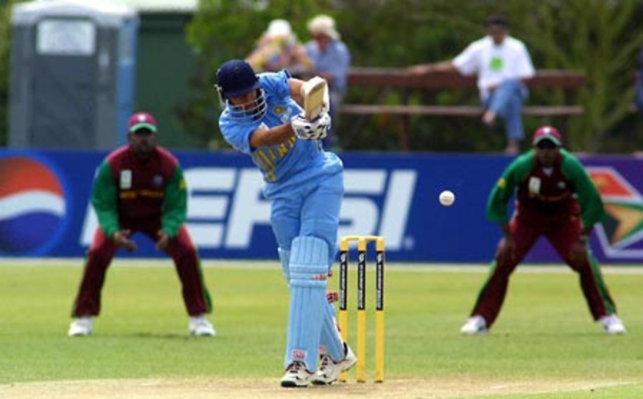 India Under-19 batsman Maninder Bisla glances a delivery fine on the leg side to the boundary during his innings of 68 not out. ICC Under-19 World Cup Super League Group 1: India Under-19s v West Indies Under-19s at Bert Sutcliffe Oval, Lincoln, 27 January 2002.
