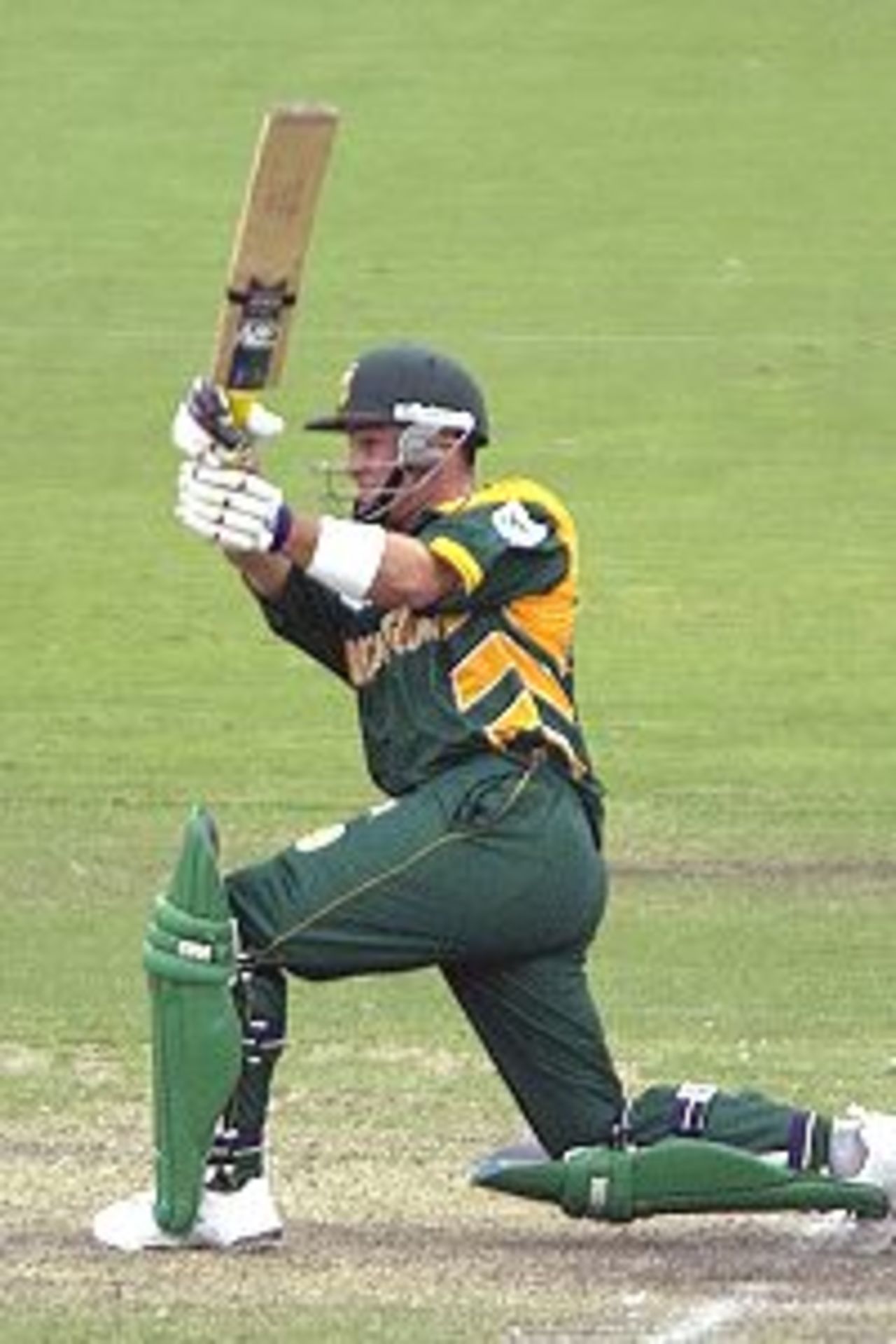 27 Jan 2002: Mark Boucher of South Africa drives Chris Harris on his way to 57 in the one day match between South Africa and New Zealand played at Adelaide Oval in Adelaide, Australia.