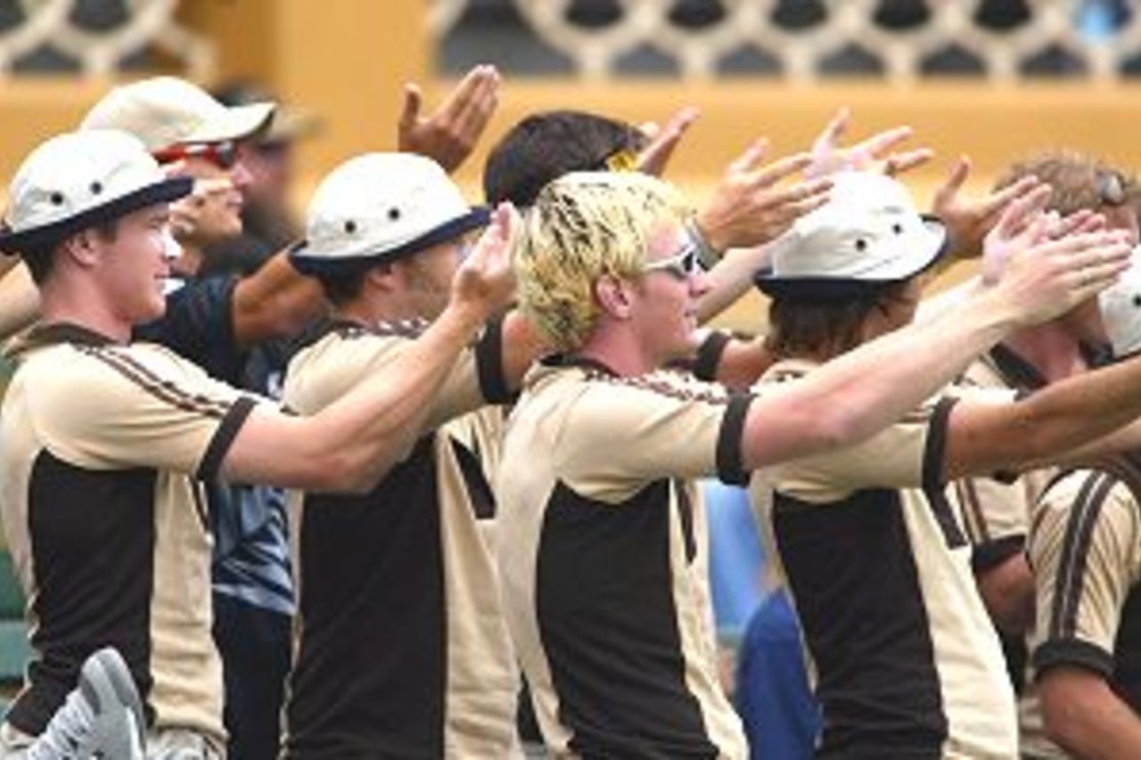 27 Jan 2002: New Zealand fans cheer on their team, during the VB Series One Day International between South Africa and New Zealand played at the Adelaide Oval, Adelaide, Australia.