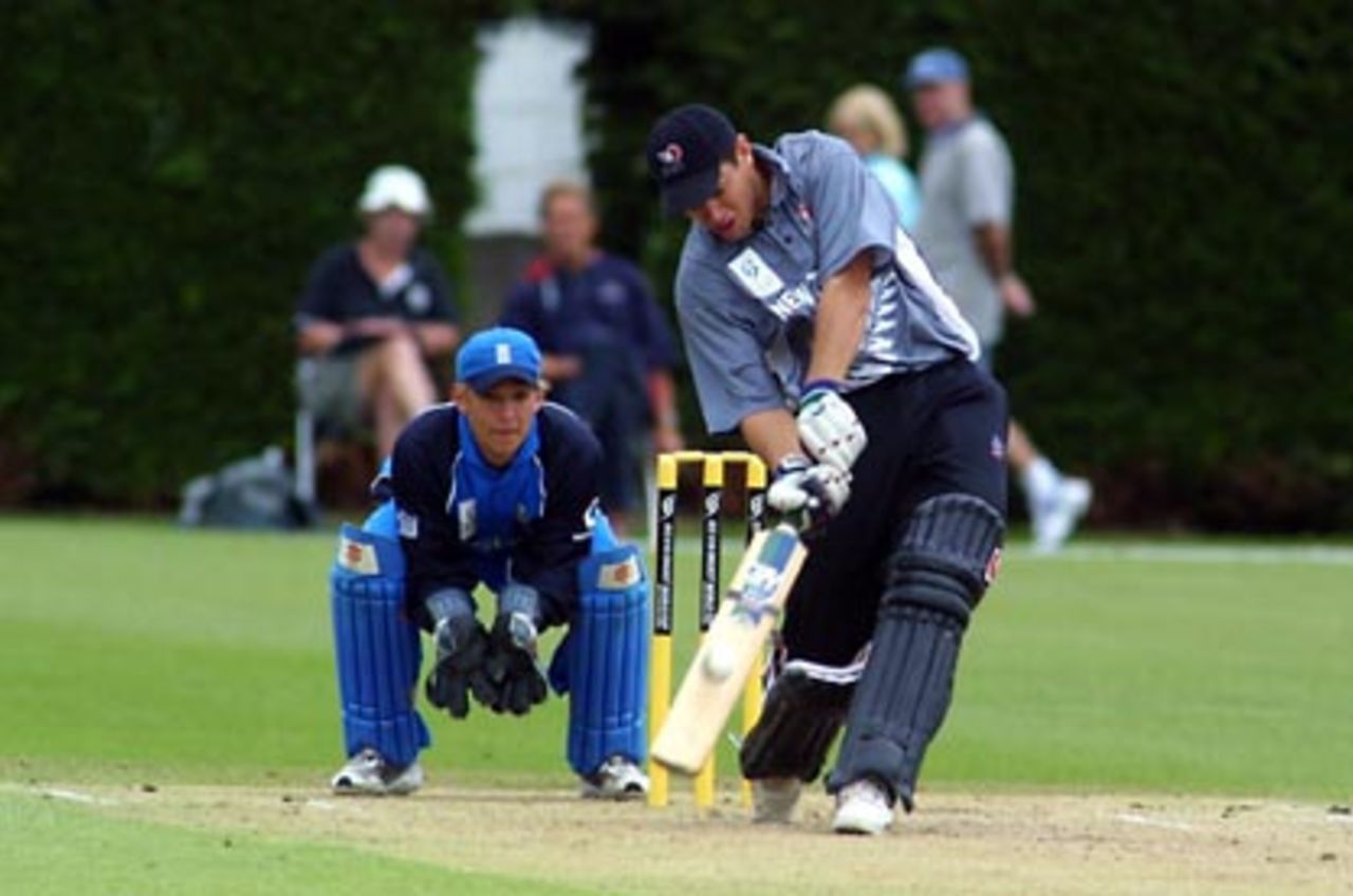 New Zealand Under-19 batsman Ross Taylor lofts a delivery from England Under-19 off spinner Paul McMahon for six as wicket-keeper Stephen Pope looks on. Taylor went on to score 22. ICC Under-19 World Cup Super League Group 2: England Under-19s v New Zealand Under-19s at Lincoln No. 3, Lincoln, 28 January 2002.