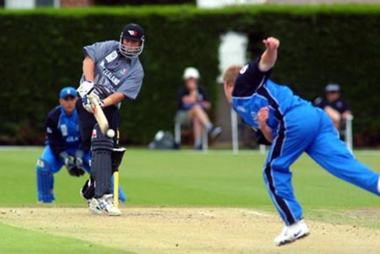 New Zealand Under-19 batsman Jesse Ryder pulls a delivery from England Under-19 bowler Chris Gilbert through square leg during his innings of 54. Wicket-keeper Stephen Pope look on. ICC Under-19 World Cup Super League Group 2: England Under-19s v New Zealand Under-19s at Lincoln No. 3, Lincoln, 28 January 2002.