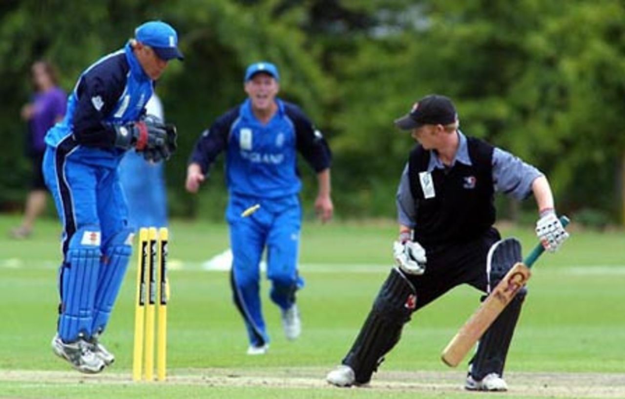 England Under-19 wicket-keeper Stephen Pope attempts to stump New Zealand Under-19 batsman Ian Sandbrook. Sandbrook was given not out and went on to score 24. ICC Under-19 World Cup Super League Group 2: England Under-19s v New Zealand Under-19s at Lincoln No. 3, Lincoln, 28 January 2002.