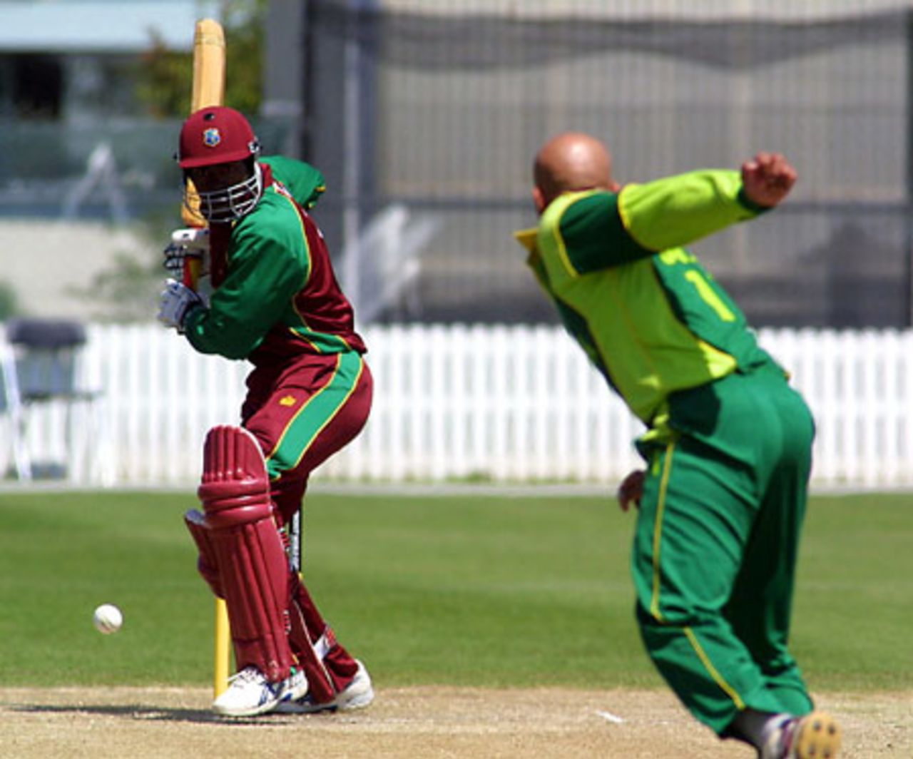 West Indies Under-19 batsman Donovan Pagon shapes to play a delivery from Pakistan Under-19 bowler Junaid Zia during his innings of 47. ICC Under-19 World Cup Super League Group 1: Pakistan Under-19s v West Indies Under-19s at Lincoln Green, Lincoln, 29 January 2002.