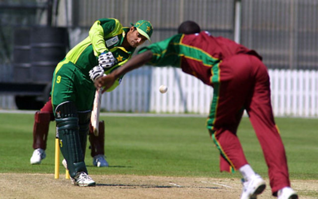 Pakistan Under-19 batsman Kamran Sajid plays a delivery from West Indies Under-19 bowler Darren Sammy through the off side during his innings of 44. ICC Under-19 World Cup Super League Group 1: Pakistan Under-19s v West Indies Under-19s at Lincoln Green, Lincoln, 29 January 2002.