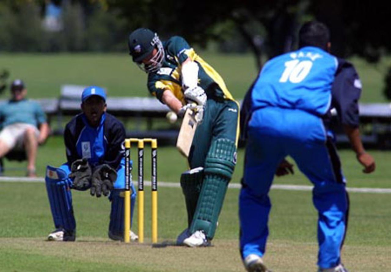 Australia Under-19 batsman Adam Crosthwaite hits a delivery from England Under-19 bowler Samit Patel for six during his innings of 48 not out. ICC Under-19 World Cup Super League Group 2: Australia Under-19s v England Under-19s at Hagley Oval, Christchurch, 30 January 2002.