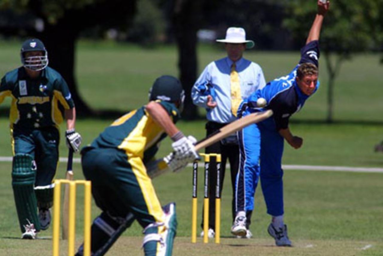 England Under-19 bowler Tim Bresnan delivers a ball during his spell of 0-49 from eight overs. ICC Under-19 World Cup Super League Group 2: Australia Under-19s v England Under-19s at Hagley Oval, Christchurch, 30 January 2002.